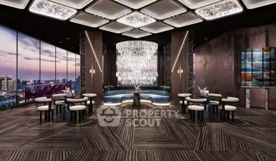 Luxurious modern interior with panoramic city views and elegant lighting, perfect for upscale living or dining.