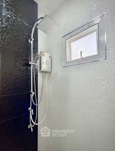 Modern bathroom with sleek showerhead and textured tiles