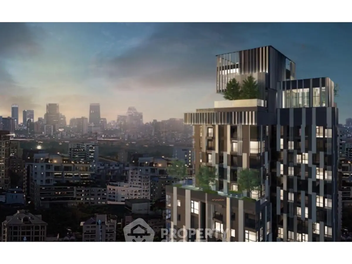 Stunning modern high-rise building with city skyline view at dusk, featuring unique architectural design.