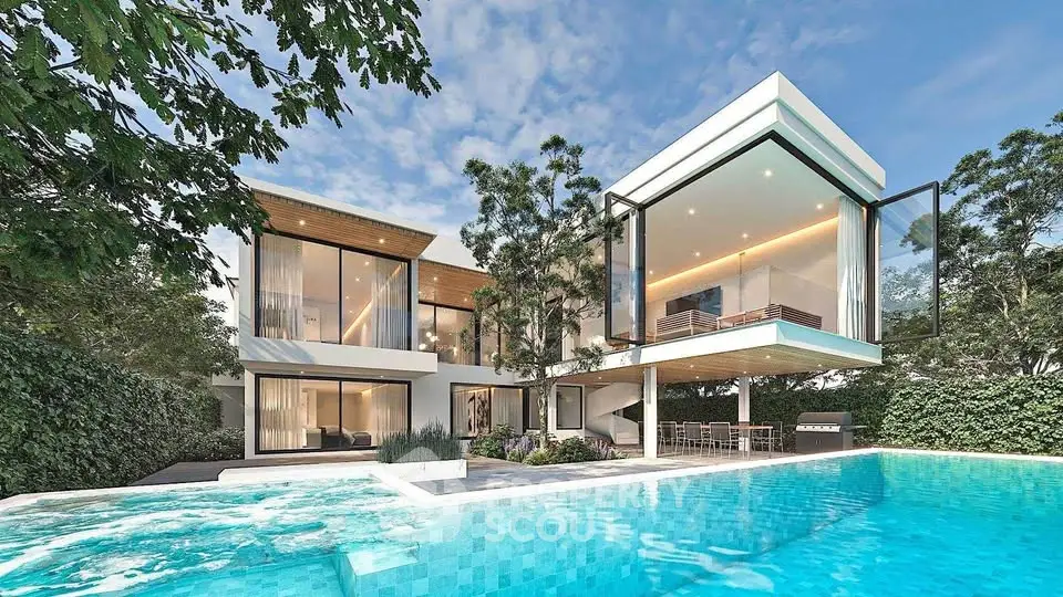 Luxurious modern home with stunning pool and lush greenery, perfect for upscale living.