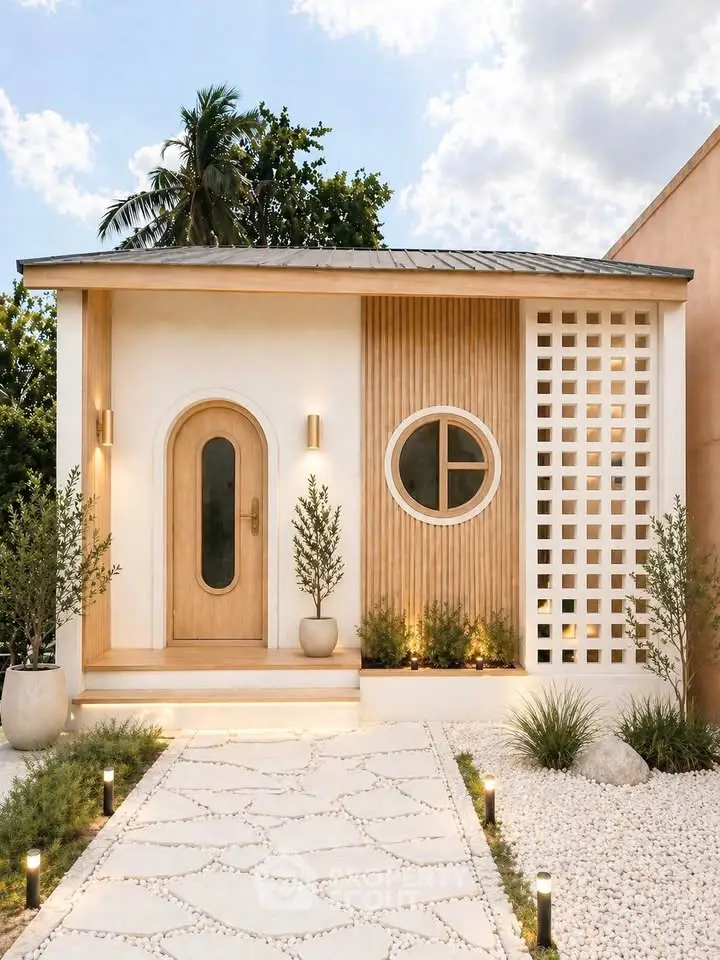 Charming modern house exterior with unique circular window and stylish landscaping.
