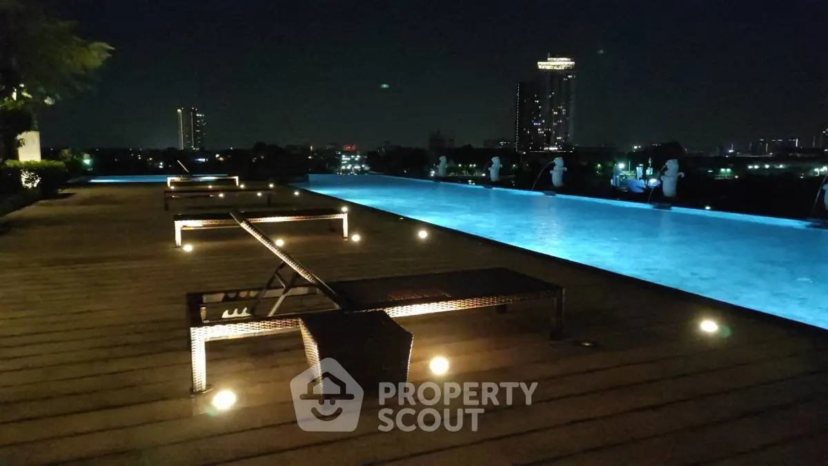 Luxurious rooftop infinity pool with stunning city skyline view at night.