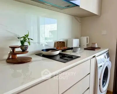 Modern kitchen with sleek countertops and built-in washing machine, featuring a minimalist design and natural light.