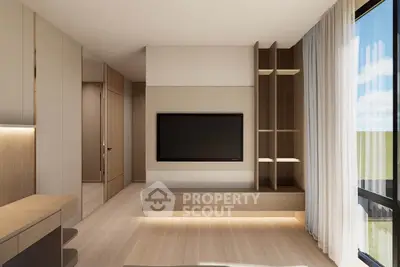 Modern living room with sleek wooden furniture and large TV, featuring floor-to-ceiling windows for natural light.