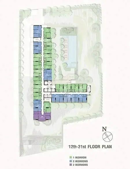Floor plan layout for 12th to 31st floors with 1, 2, and 3 bedroom units.