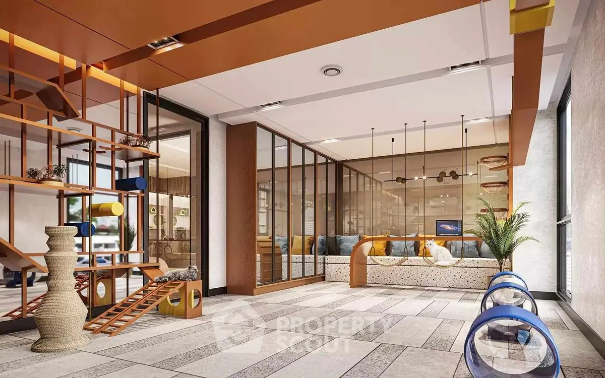 Luxurious pet-friendly living room with modern design and playful cat structures.