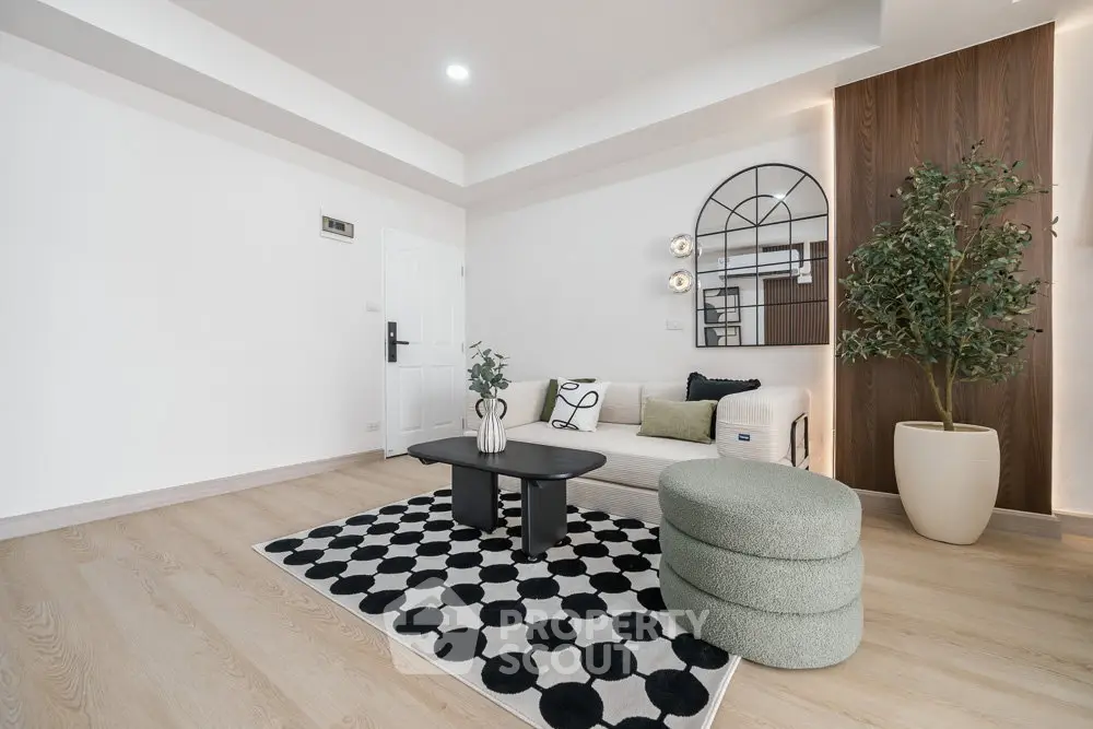Modern living room with stylish decor and cozy seating area
