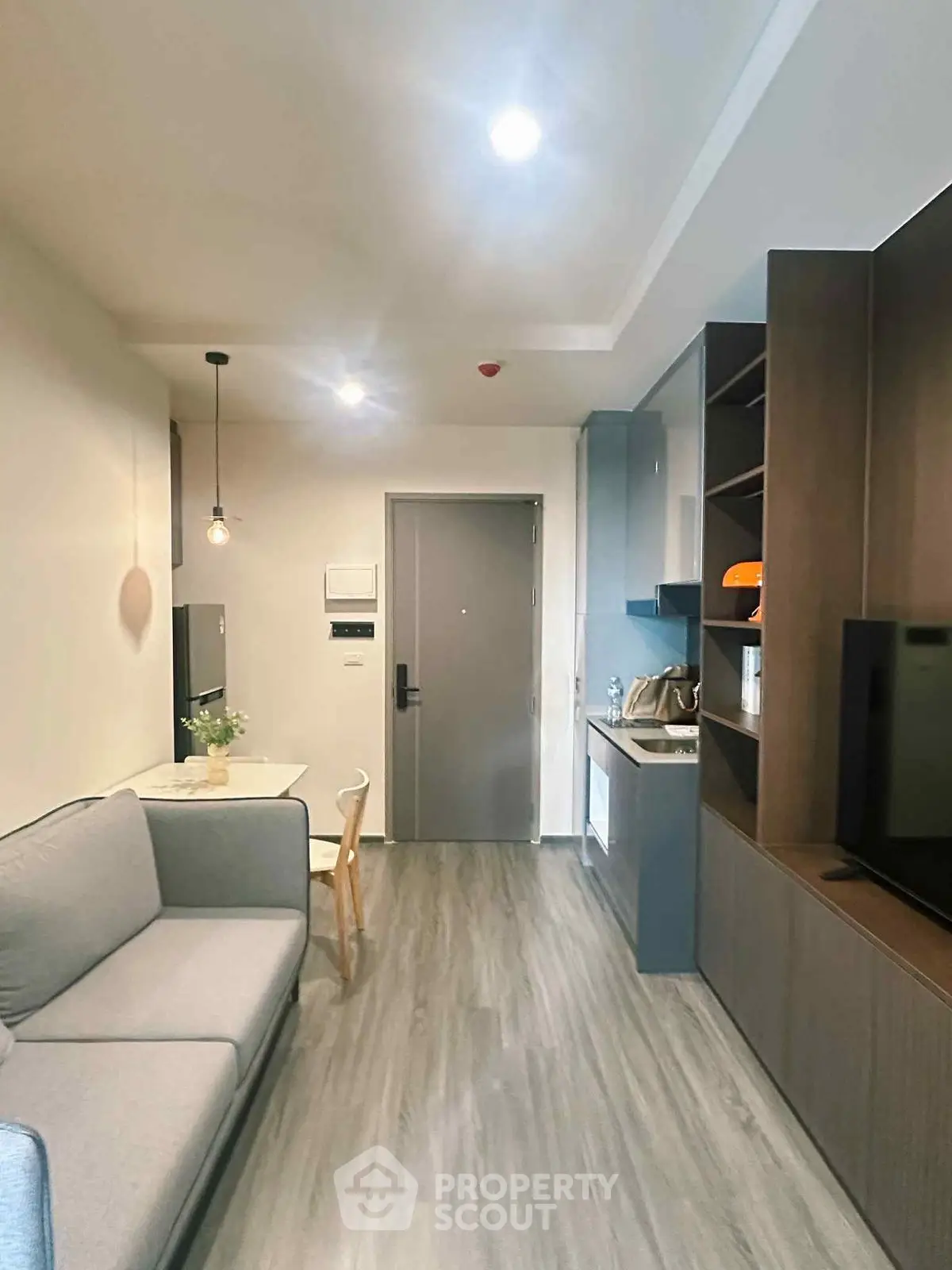 Modern compact living room with open kitchen, sleek furniture, and cozy ambiance.