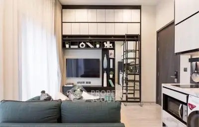 Modern living room with stylish shelving and cozy seating area