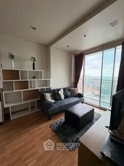 Modern living room with panoramic city view and stylish decor