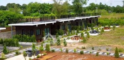 Modern row of single-story homes with lush greenery and outdoor seating area.