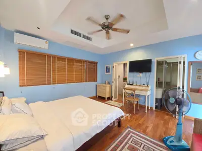 Spacious bedroom with wooden flooring, ceiling fan, and modern decor