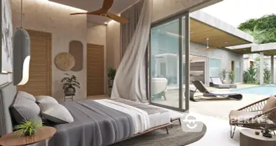 Luxurious bedroom with poolside view, modern decor, and sliding glass doors opening to a serene outdoor space.