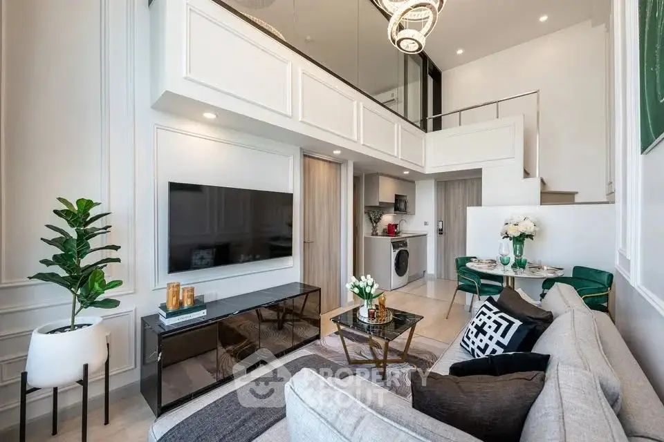 Luxurious modern living room with high ceilings and elegant decor