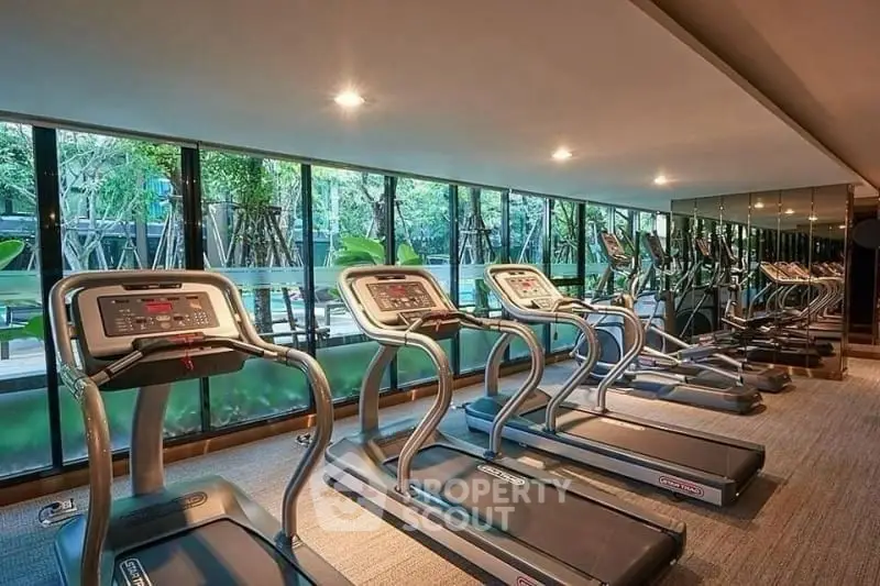 Modern gym with multiple treadmills and large windows overlooking greenery.