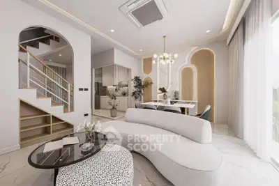 Luxurious modern living room with elegant curved sofa and stylish dining area