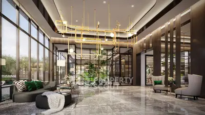 Luxurious modern living room with elegant decor and large windows