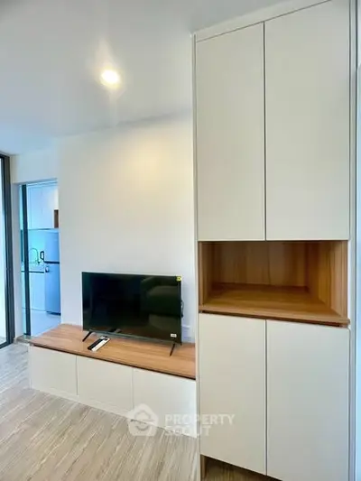 Modern living room with sleek TV unit and built-in storage, showcasing minimalist design and functionality.