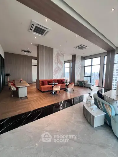 Luxurious modern living room with panoramic city views and elegant decor