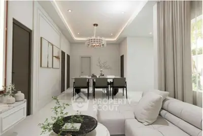 Luxurious modern living room with elegant chandelier and stylish decor