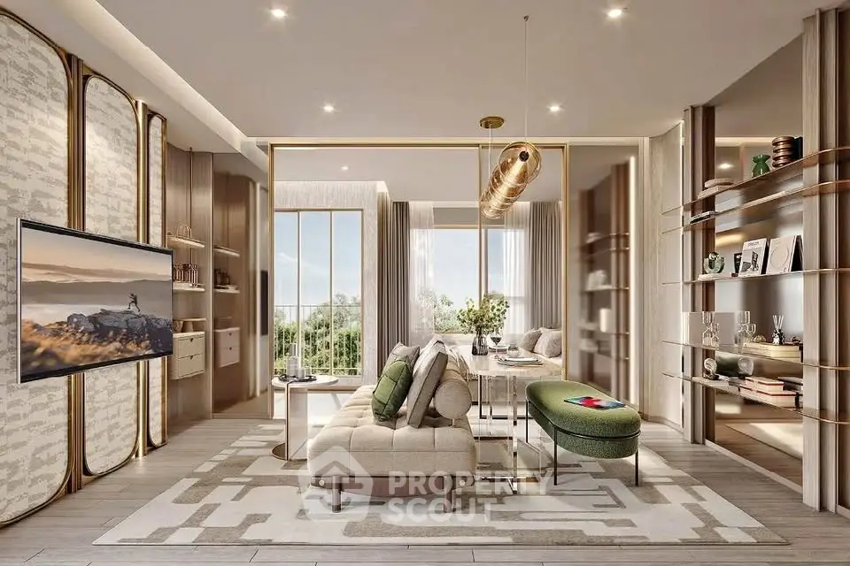 Luxurious modern living room with elegant decor and spacious layout, featuring a large TV and stylish furniture.