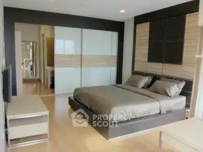 Spacious modern bedroom with sleek design and ample natural light