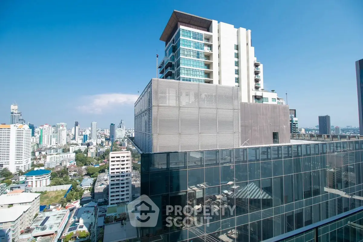 Stunning cityscape view from a modern high-rise building with clear blue skies.