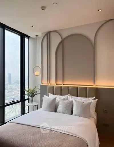 Luxurious bedroom with panoramic city view and modern decor