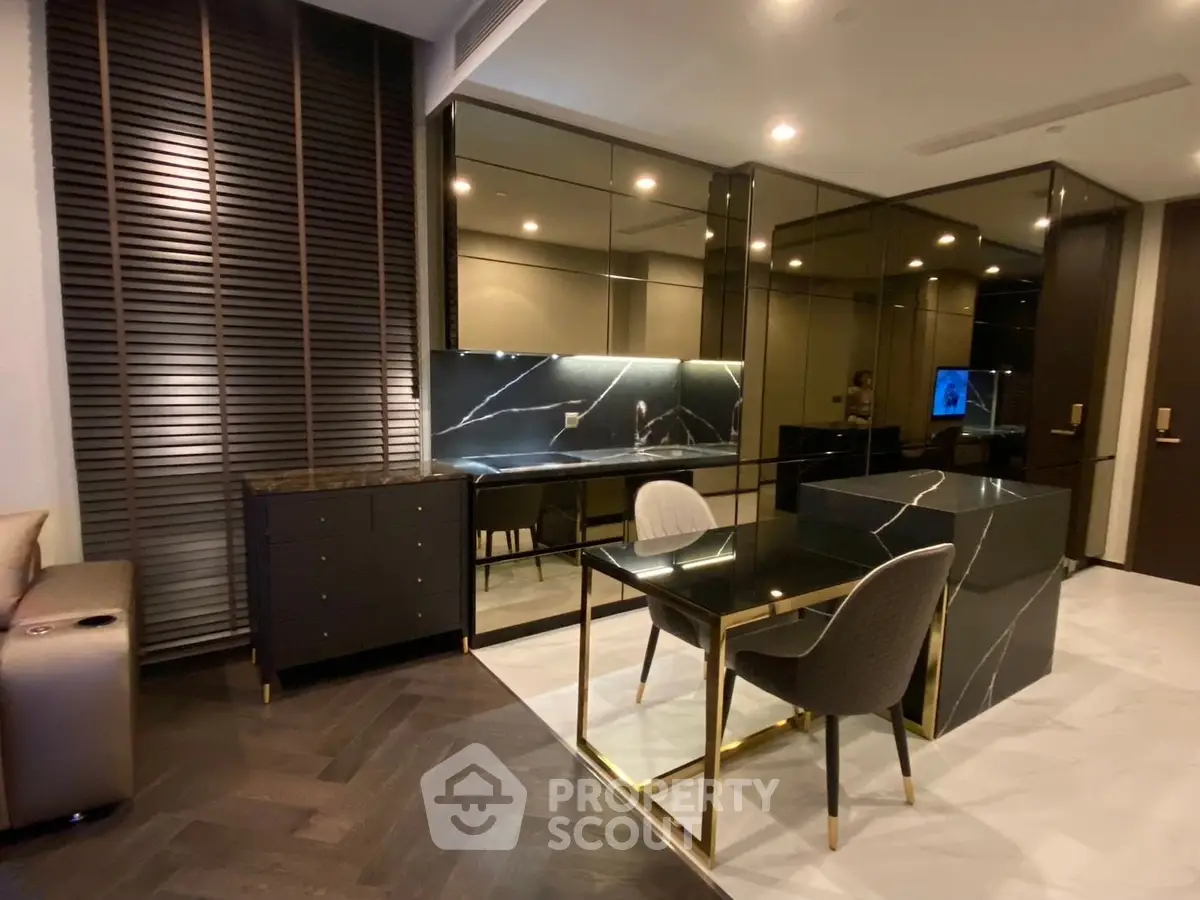 Luxurious modern study room with sleek black marble desk and elegant decor