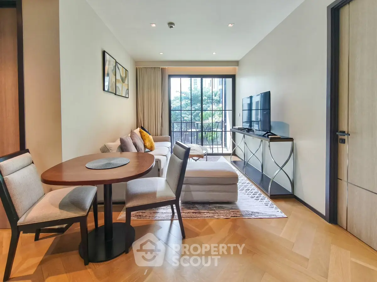 Modern living room with stylish furniture and large window view