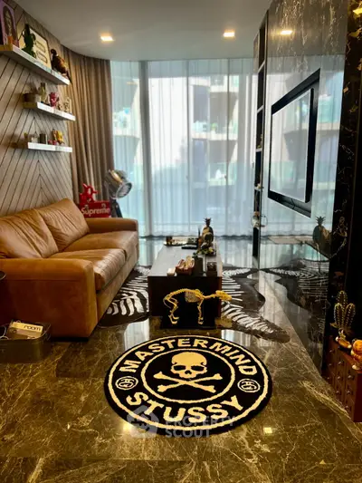 Luxurious living room with modern decor and leather sofa