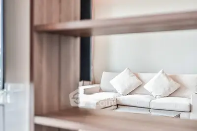 Modern living room with stylish white sofa and wooden shelving, perfect for contemporary living.