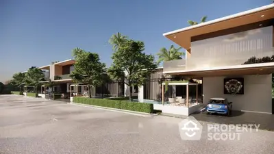 Modern luxury villas with sleek design and lush greenery in a serene neighborhood.