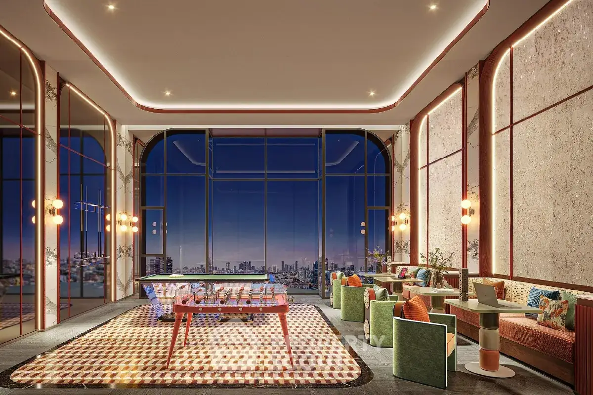 Luxurious modern living room with stunning city view and stylish decor