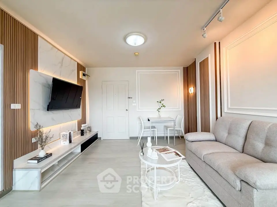 Modern living room with stylish decor and cozy seating area