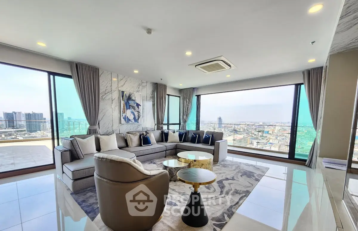 Luxurious living room with panoramic city views and elegant modern decor