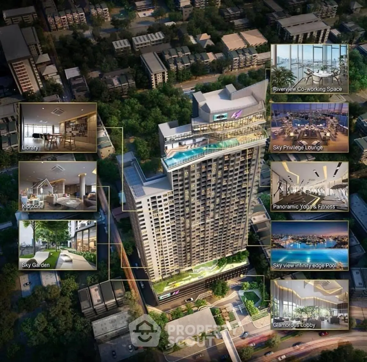 Luxurious high-rise building with amenities like pool, gym, and co-working space in urban setting.