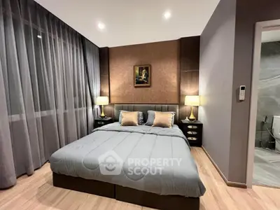 Modern bedroom with elegant decor and cozy lighting in a luxury apartment