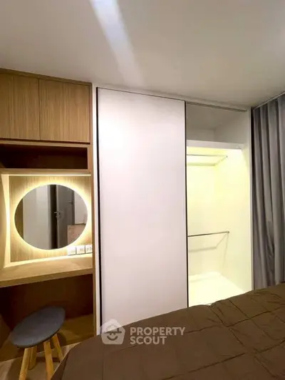 Modern bedroom with built-in wardrobe and stylish vanity area