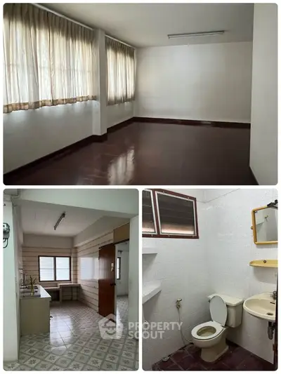 Spacious apartment with large windows, kitchen, and bathroom, ideal for modern living.