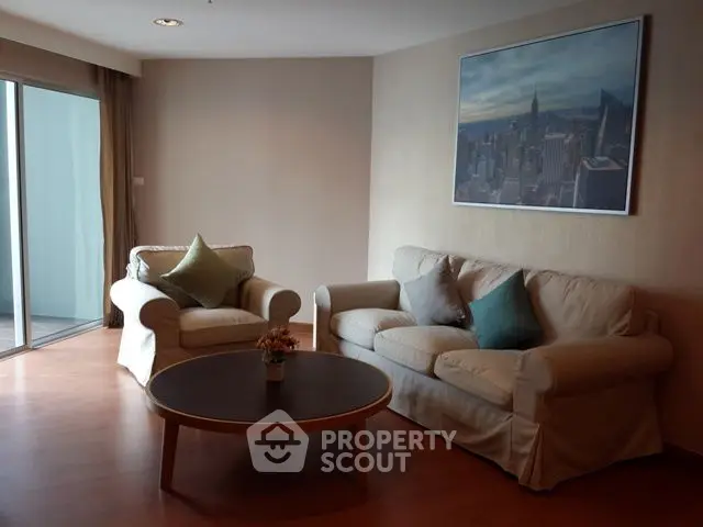 Cozy living room with comfortable sofas and cityscape artwork