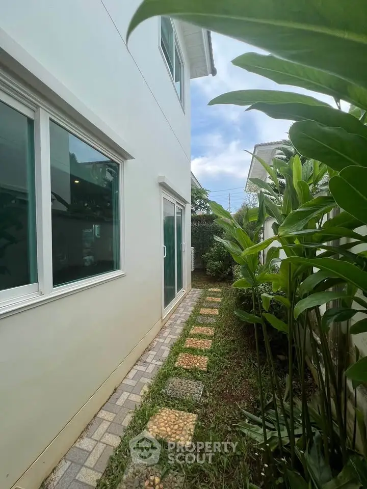 Charming side garden view of modern home with lush greenery and paved walkway.