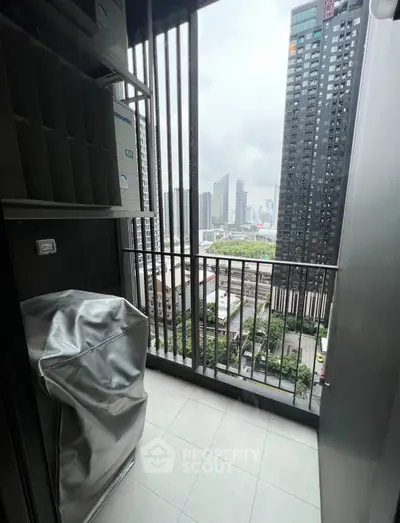 Modern high-rise balcony with cityscape view, perfect for urban living enthusiasts.