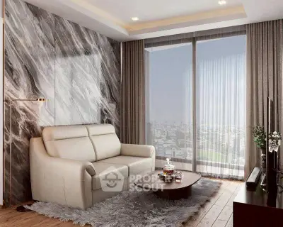 Luxurious living room with marble accent wall and city view.