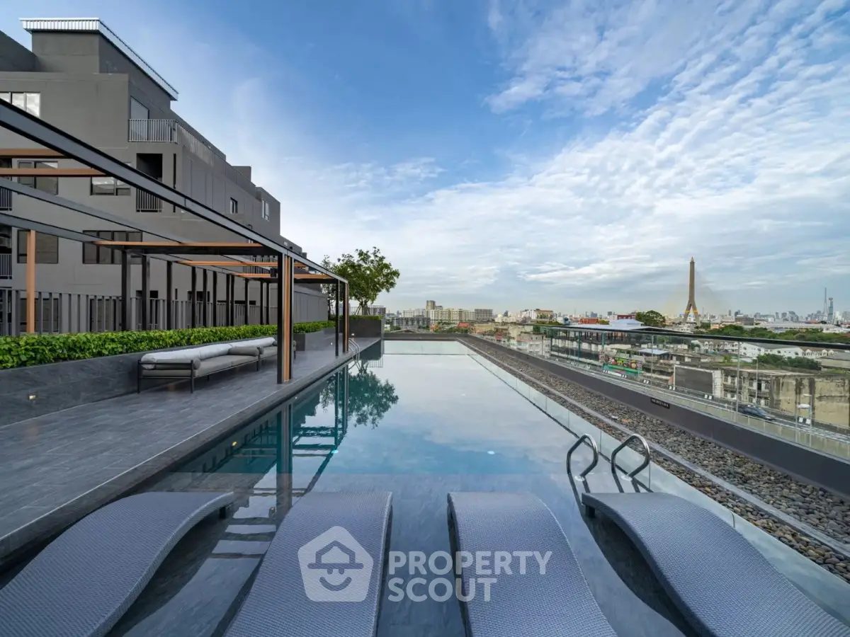 Luxurious rooftop pool with stunning city skyline view, perfect for relaxation and leisure.
