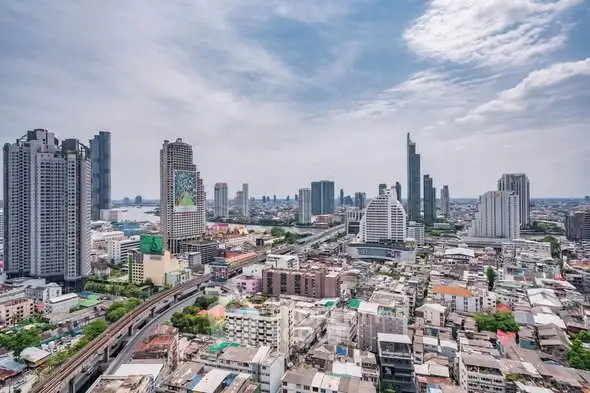 Stunning cityscape view showcasing modern skyscrapers and urban landscape under a bright sky.