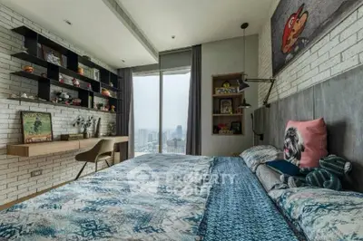 Stylish bedroom with city view, modern decor, and cozy ambiance.