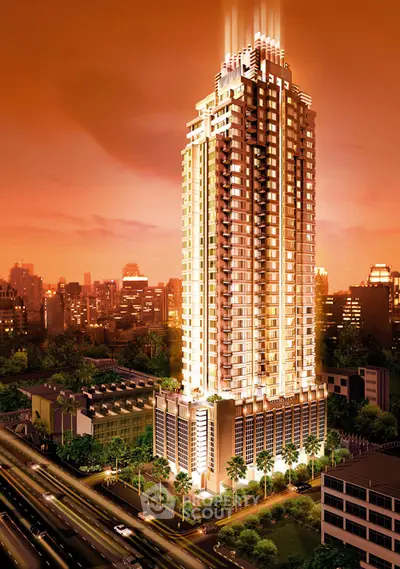 Stunning illuminated skyscraper at sunset in vibrant cityscape