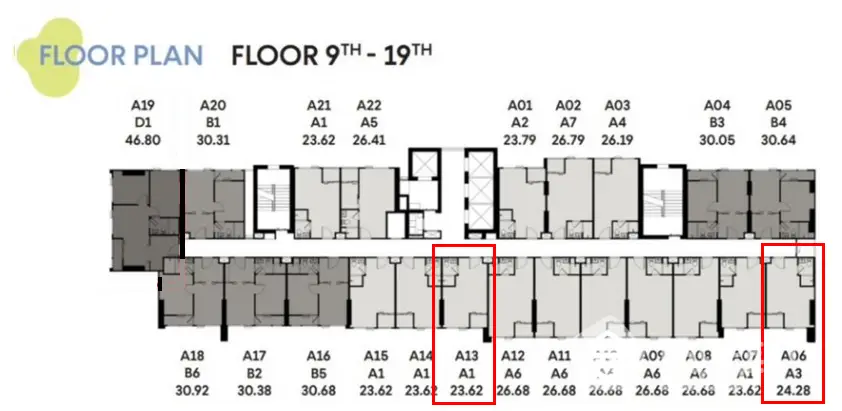 Detailed floor plan layout for floors 9 to 19 with highlighted units A13 and A07.