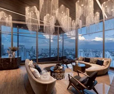 Luxurious living room with panoramic city views and elegant chandeliers